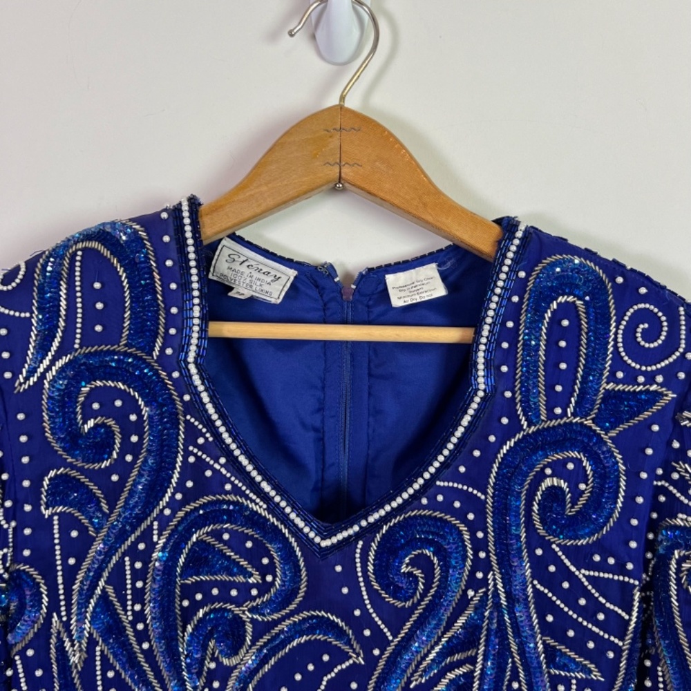 Stenay Blue Silver Beaded Silk Long Sleeve Midi Dress Women Size 8 Petite - Picture 3 of 7